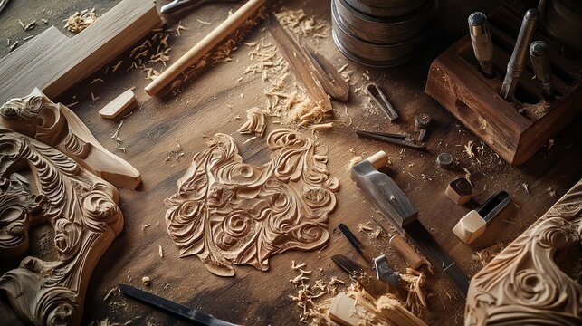 Intricate wood carving and tools on artisan workbench