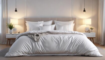 Elegant white duvet and pillows in modern bedroom decor, comfortable, suite, master, high-end, upscale
