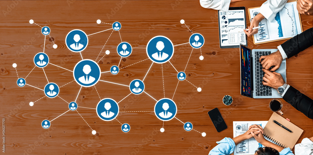 Poster a dynamic overhead view of a networking concept showcasing a collaborative workspace with individual