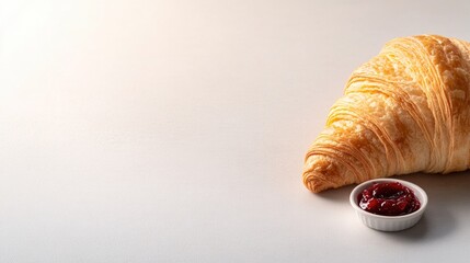 simple rustic breakfast scene with freshly baked croissant and small dish of strawberry jam on white uncluttered table