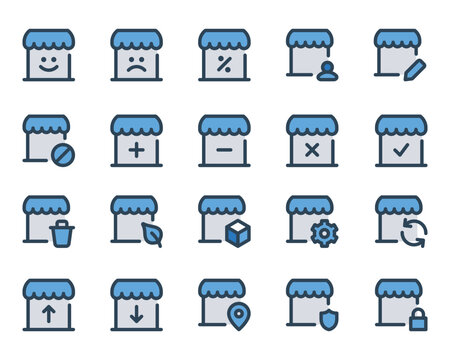 Filled blue outline icons set for Shop, store, market.