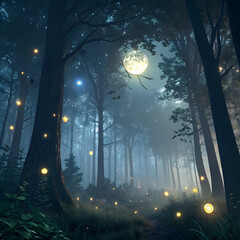 Mystical Forest with Glowing Creatures and Moonlight Shadows.