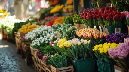 Vibrant flower market display with colorful tulips and diverse blooms for sale