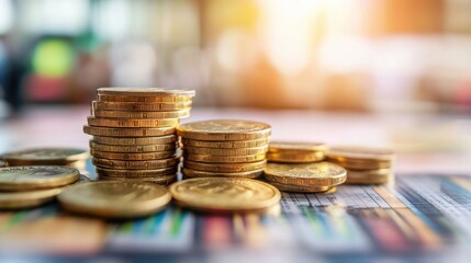 Close-up of Shiny Gold Coins Stacked and Scattered, Depicting Wealth, Savings, and Financial Security