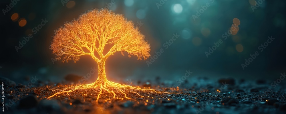 Poster digital illustration shows glowing tree with illuminated roots, branches. mystical fantasy art with 