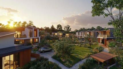 Fototapeta premium Sustainable residential community with smart homes, electric car charging stations, and organic urban farming generative ai