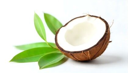 A studio shot of a halved coconut with three green leaves on a white background