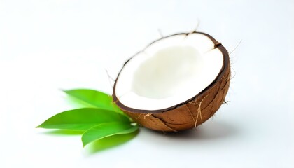 A studio shot of a halved coconut with three green leaves on a white background