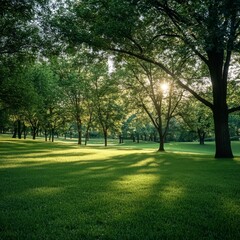 Gentle sunlight streams through the leaves of tall trees in a peaceful park, casting soft shadows on the vibrant green grass Generative AI