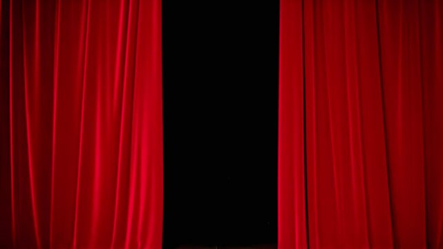 Elegant red velvet curtain slowly parting to reveal dramatic black stage background, perfect cinematic opening shot, theater intro concept for creative video scenes