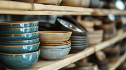 Rustic Stoneware Bowls on Wooden Shelves for Kitchenware and Home Decor Display
