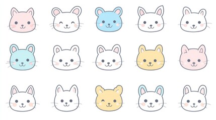 Cute pastel bunny and cat faces; children's design; white background; illustration