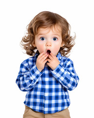 Surprised toddler with curly hair, open mouth, hands covering mouth, wearing blue plaid shirt