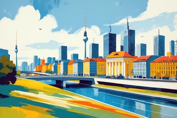 Obraz premium Vibrant cityscape of Berlin featuring modern architecture and historic landmarks along the riverbank during a sunny day