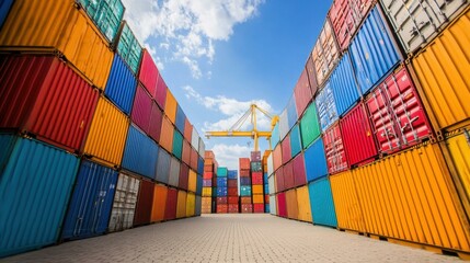 Fototapeta premium Colorful Shipping Containers Stacked High in Yard, Yellow Crane in Distance, Blue Sky with Clouds
