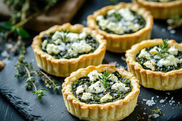 Spinach and feta tartlets with fresh herbs on slate. Mini savory tarts.