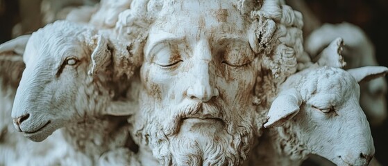 Fototapeta premium Ancient sculpture depicting a serene man with closed eyes surrounded by lambs evoking peace and pastoral tranquility in a classic art style