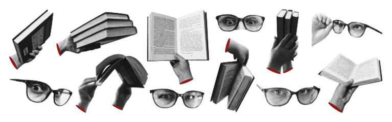 Trendy vintage collage books halftone style. Various clipping shapes, hands holding open books collection, glasses on the eyes. Vector illustration.