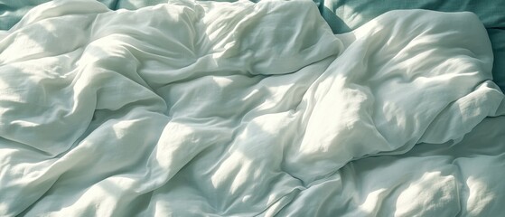 Obraz premium Serene morning light illuminating a soft white linen bedsheet creating a cozy and inviting bedroom atmosphere with natural texture and gentle shadows
