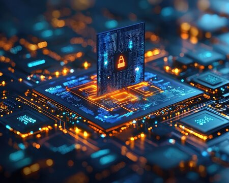 Digital security concept with a lock symbol on a microchip background