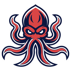 Isolated Cartoon Octopus Mascot with Angry Eyes, Red and Navy Color on White Background