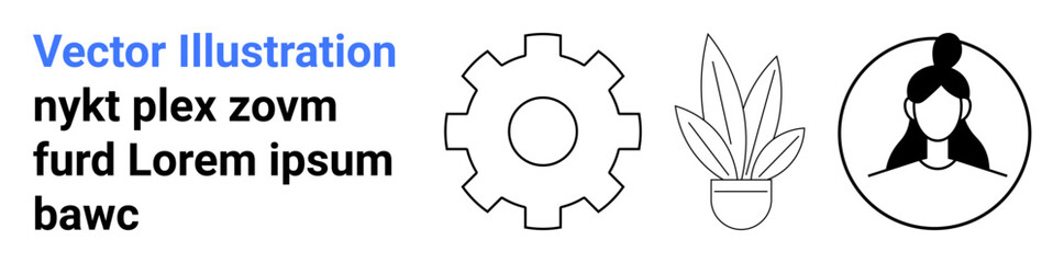 Gear, plant, and female profile elements symbolizing productivity, growth, and identity. Ideal for business, development, sustainability, digital presence user interface teamwork flat landing page