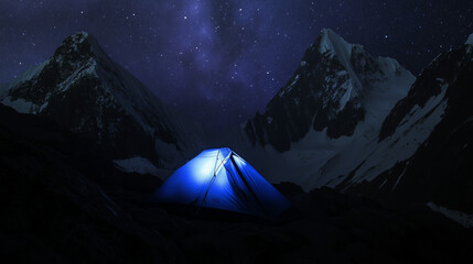 Mountain hiking camp at night under starry sky

