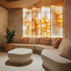 Modern lounge with beige sectional sofa, backlit onyx panels, and potted plant