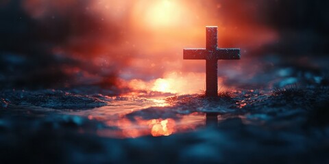 Fototapeta premium Cross standing in a misty landscape with soft light at dusk creating a serene and reflective atmosphere