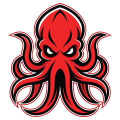 Red Octopus Mascot with Menacing Eyes and Black Accents on Transparent Background