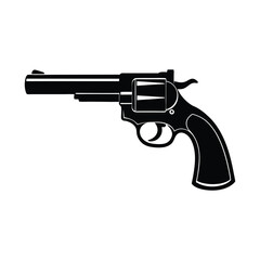 Black handgun with bullets isolated on white background.