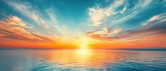 Fototapeta premium Serene Ocean Horizon at Sunset with Vibrant Sky Reflecting on Calm Water Creating a Peaceful and Tranquil Atmosphere in a Scenic Landscape