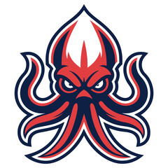 Red Navy Octopus Mascot with Intense Eyes and Tentacles on White Background