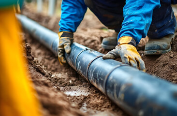 Workers install plastic pipes in trench for water, sewerage, electricity, fiber optics in urban center. Construction of drinking water plumbing pipeline repair in springtime. Man in safety gloves