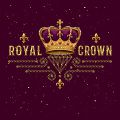 Horizontal label with imperial crown, fleur de lis sign, jewelry chains, text. Detailed composition in vintage style.