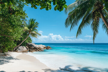 Tropical beach with palm trees and clear blue water