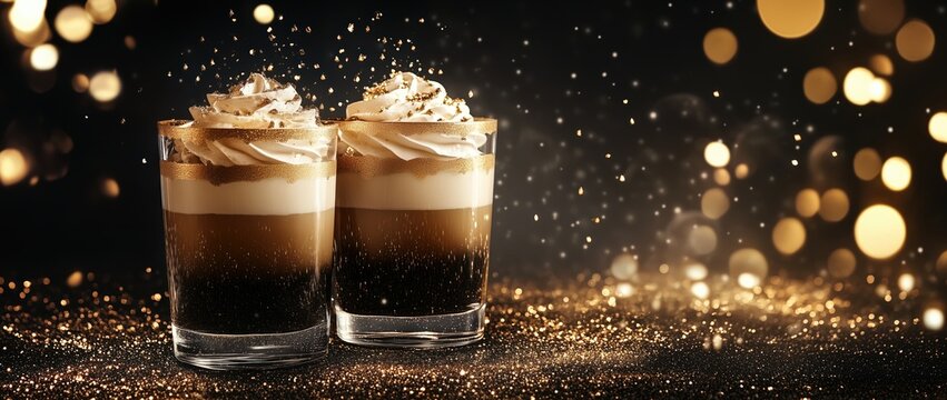 Elegant dessert display featuring layered coffee treats on a shimmering black and gold background