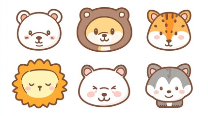 Fototapeta premium Six cartoon animals with expressive faces for cute designs, patterns, or children content