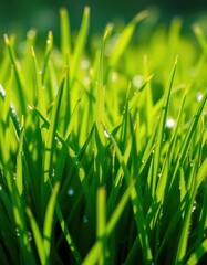 Obraz premium Vibrant emerald grass blades, glistening with morning dew, wallpaper, bright green