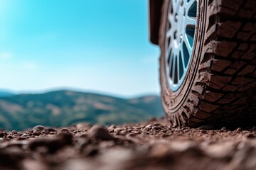 close-up view of dusty rugged rally tire on dirt path showcasing dynamic treads blue sky in background with rolling