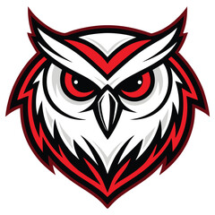 Striking Owl Head Mascot Logo with Piercing Red Eyes and Bold Red Accents