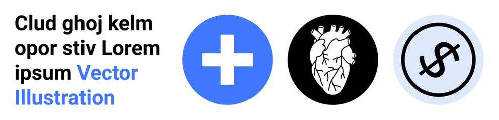 Medical cross, anatomical heart, and dollar sign icons in modern styles. Ideal for health, finance, anatomy, medical innovation, economic studies, graphic design and simple landing page