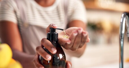 Washing hands, soap bottle and hygiene in bathroom, home and stop bacteria for wellness in morning....