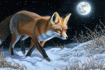 Fototapeta premium Red fox hunting in moonlit snowy winter landscape with falling snowflakes