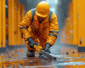 Worker in orange rain gear using a tool to clear water in a wet industrial setting