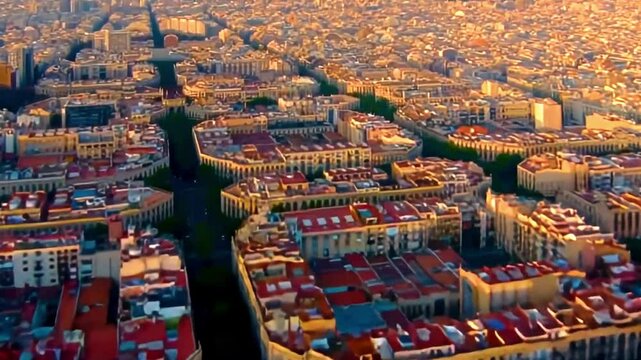 Aerial panoramic view of Barcelona city grid urban planning with iconic Eixample district architecture, geometric streets and vibrant rooftops, Spanish metropolitan landscape captured at golden hour, 