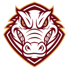 Aggressive Alligator Head in Maroon and Gold, Detailed Mascot Design
