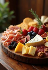 artfully arranged gourmet cheese charcuterie platter fresh fruits nuts bread crackers delicacies display, meat, olive, salami, cured, figs, grapes, appetizer