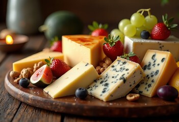 artfully arranged gourmet cheese platter display assorted fresh elegant presentation, arrangement, fruits, nuts, cream, cheddar, brie, blue, olive