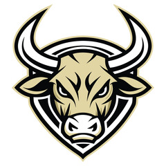Bull Face with Sharp Horns, Intense Gaze, and Shield Outline on White